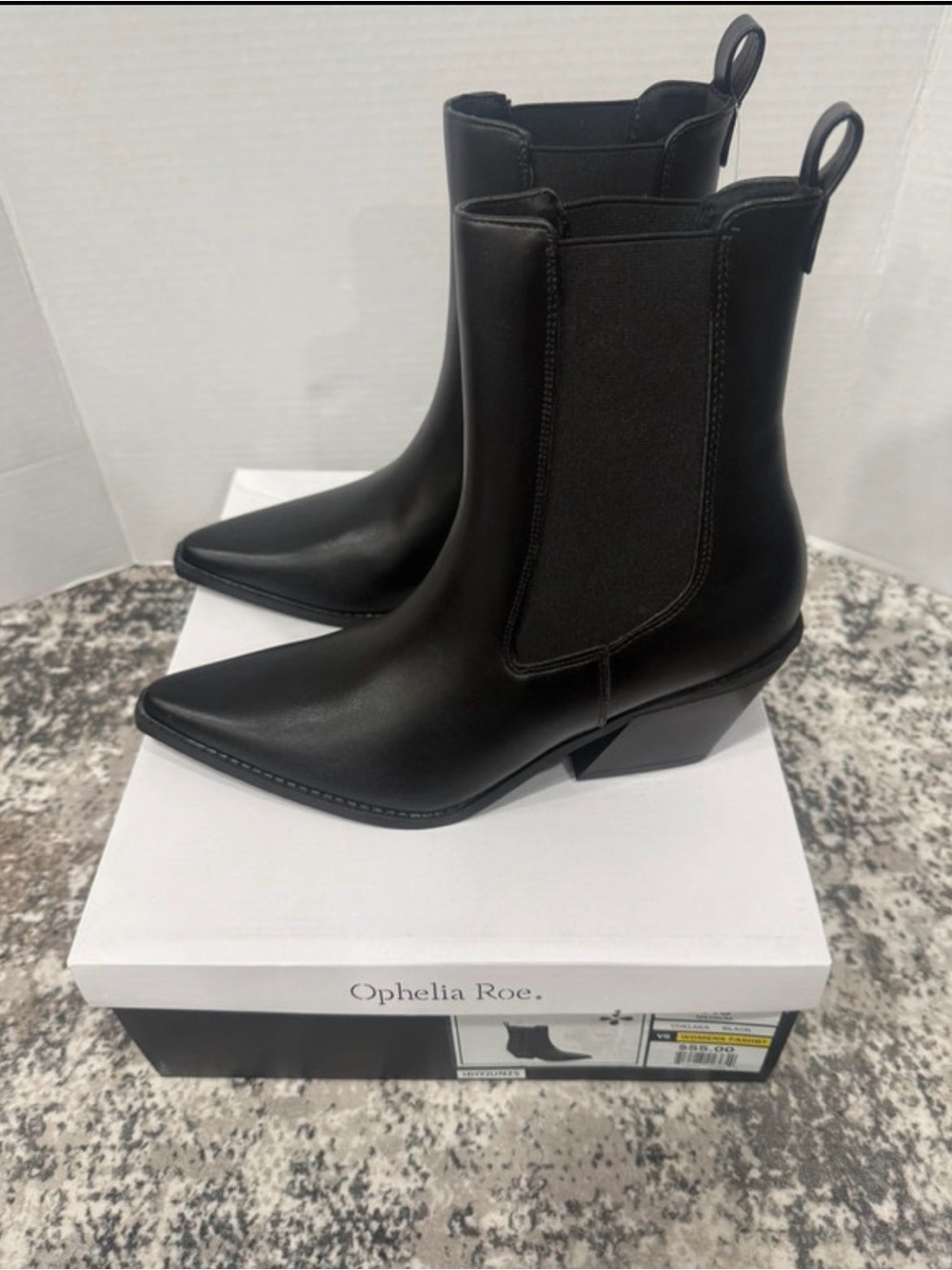 Ophelia Roe Black Pointed Chelsea Ankle Boots Size 7.5 NWT